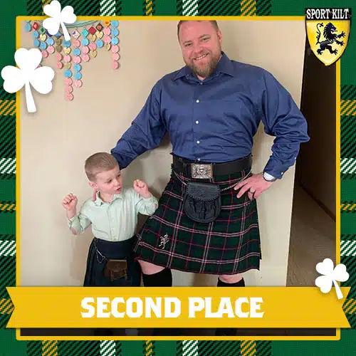 Man and boy wearing kilts