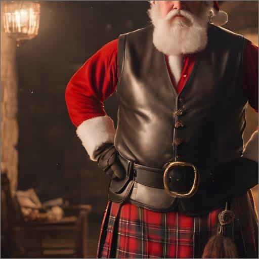 Illustration of Santa wearing a leather vest and a kilt