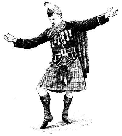 Black and white illustration of a person posing in a kilt