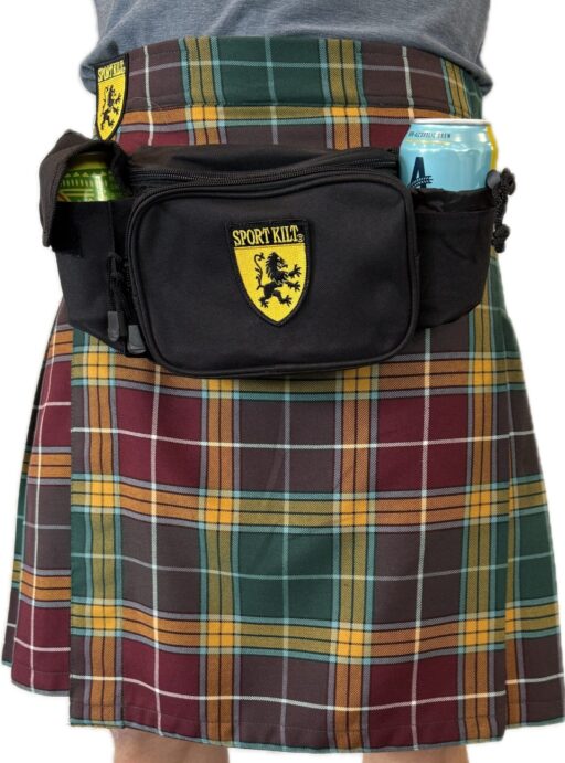 SportsFan Sporran Scottish fanny pack holding five 12 oz cans